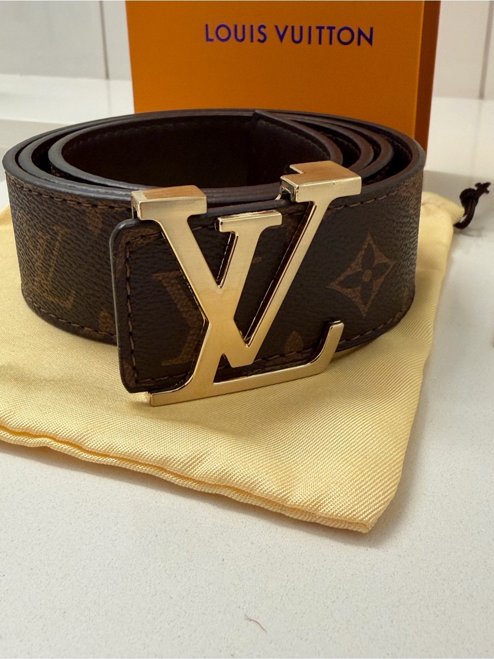 Louis Vuitton LV Initiales Monogram Belt – Brown Gold Buckle